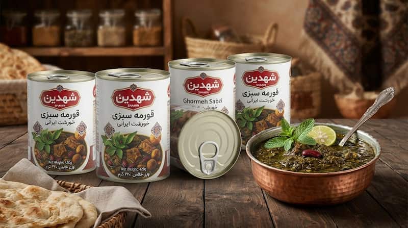 کنسرو خورشت قورمه سبزی شهدین مناسب تامین فروشگاه‌ها